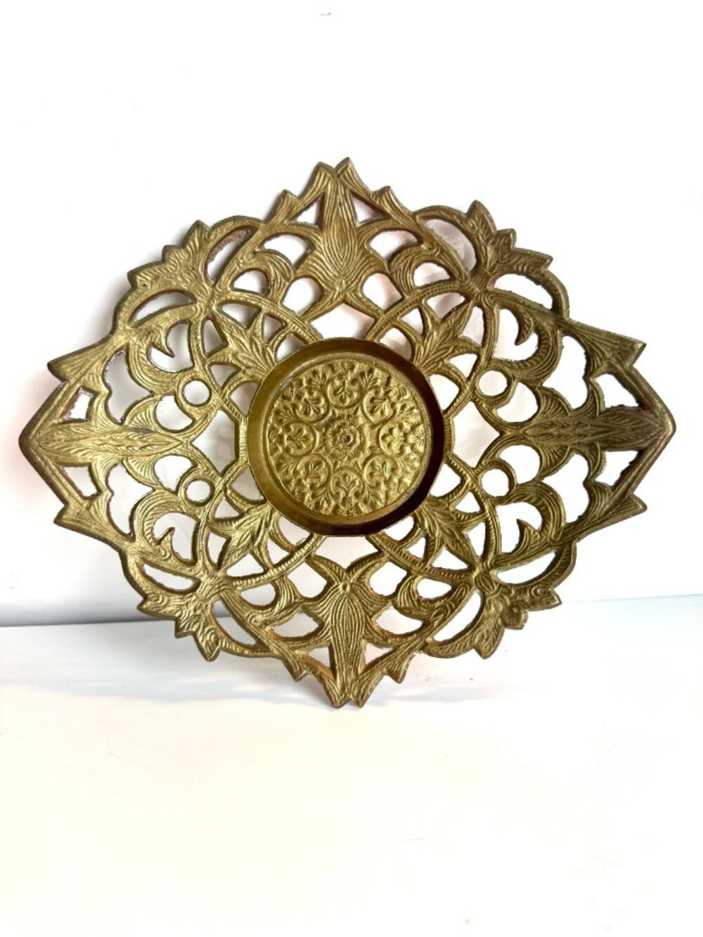 Vintage Ornate Openwork Floral Leaf Filigree Brass Candle Holder